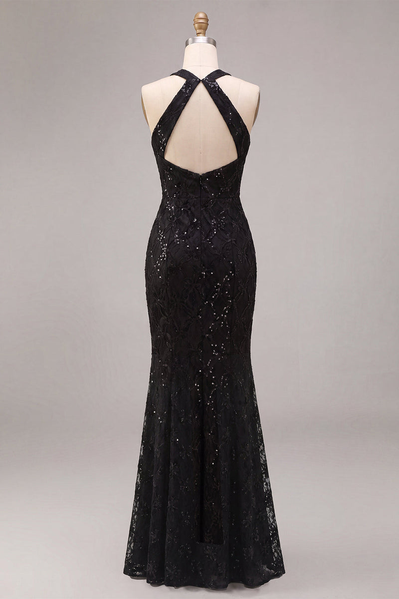 Laden Sie das Bild in den Galerie-Viewer, Meerjungfrauen-Schwarze Pailletten, Neckholder-Spitzen-Maxi-Formelkleid
