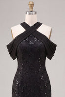 Laden Sie das Bild in den Galerie-Viewer, Meerjungfrauen-Schwarze Pailletten, Neckholder-Spitzen-Maxi-Formelkleid