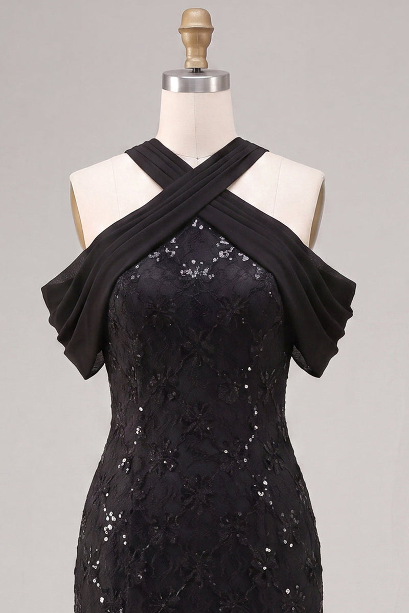 Laden Sie das Bild in den Galerie-Viewer, Meerjungfrauen-Schwarze Pailletten, Neckholder-Spitzen-Maxi-Formelkleid
