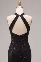 Laden Sie das Bild in den Galerie-Viewer, Meerjungfrauen-Schwarze Pailletten, Neckholder-Spitzen-Maxi-Formelkleid