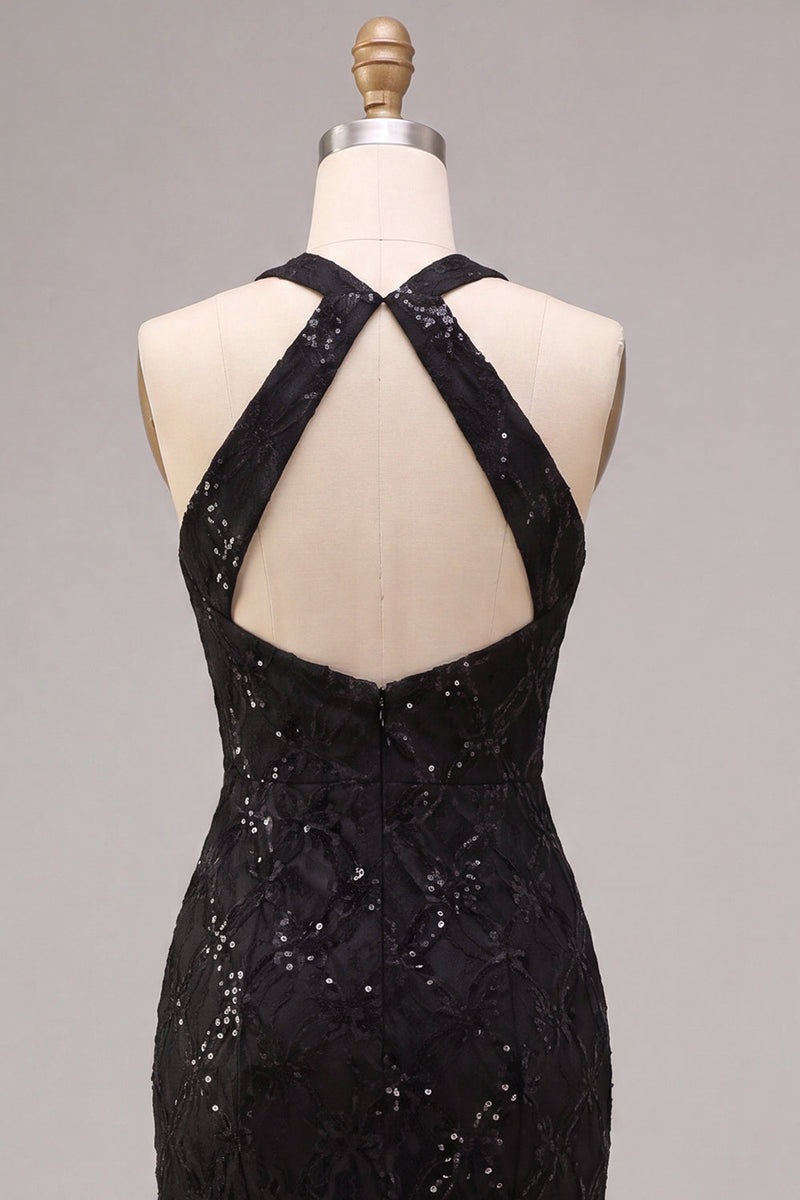 Laden Sie das Bild in den Galerie-Viewer, Meerjungfrauen-Schwarze Pailletten, Neckholder-Spitzen-Maxi-Formelkleid