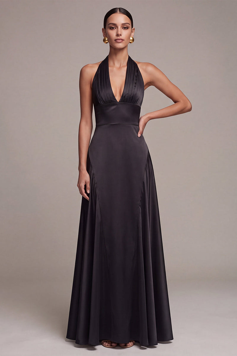 Laden Sie das Bild in den Galerie-Viewer, Schwarzes A-Linien-Satin-Neckholder-Langzeitkleid