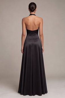 Schwarzes A-Linie Satin Neckholder Langes Abendkleid