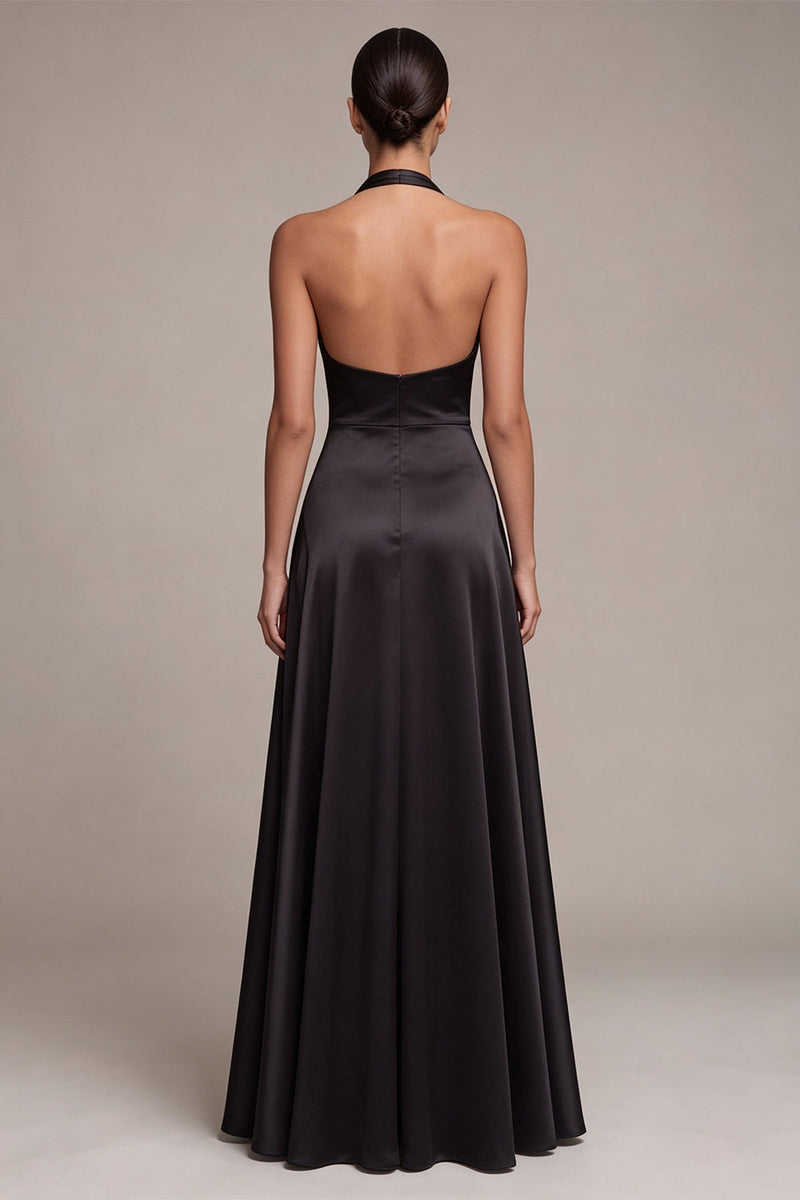 Laden Sie das Bild in den Galerie-Viewer, Schwarzes A-Linien-Satin-Neckholder-Langzeitkleid