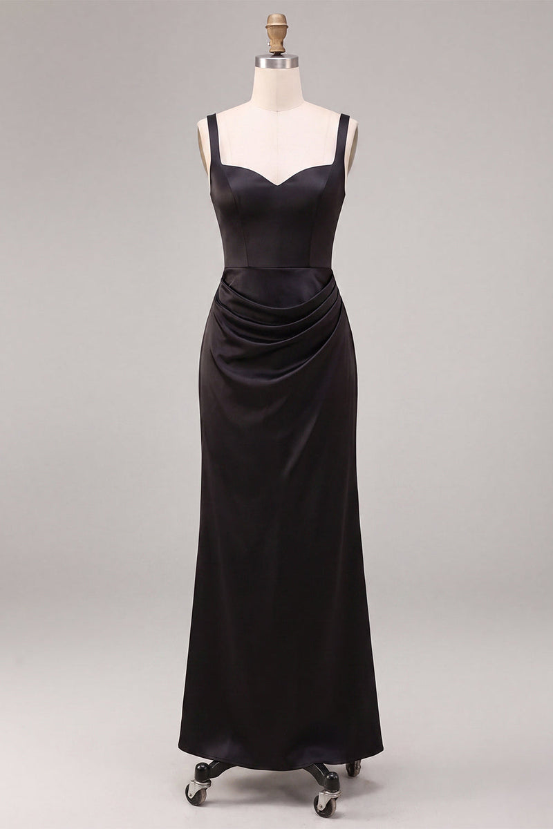 Laden Sie das Bild in den Galerie-Viewer, Schwarzes Meerjungfrauen-Satin, dicke Träger, langes Festkleid