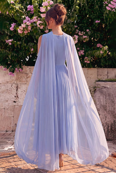 Blaues A-Linie Chiffon V-Ausschnitt Ärmelloses Midi-Kleid mit Umhang