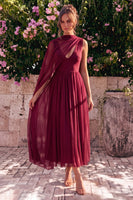 Laden Sie das Bild in den Galerie-Viewer, Blaues A-Linien-Chiffon V-Ausschnitt ärmelloses Midi-Kleid mit Umhang