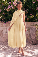 Laden Sie das Bild in den Galerie-Viewer, Blaues A-Linien-Chiffon V-Ausschnitt ärmelloses Midi-Kleid mit Umhang