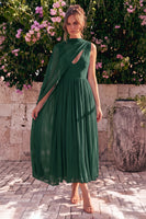 Laden Sie das Bild in den Galerie-Viewer, Blaues A-Linien-Chiffon V-Ausschnitt ärmelloses Midi-Kleid mit Umhang