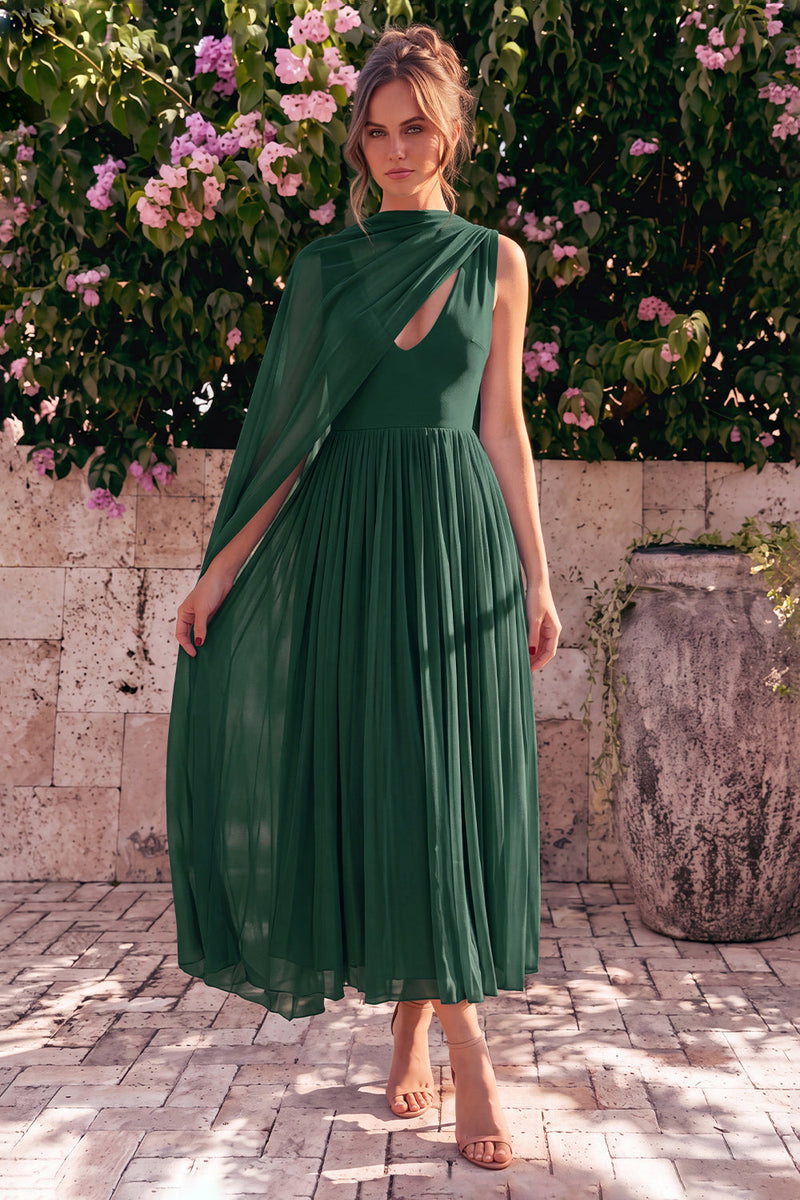 Laden Sie das Bild in den Galerie-Viewer, Blaues A-Linien-Chiffon V-Ausschnitt ärmelloses Midi-Kleid mit Umhang