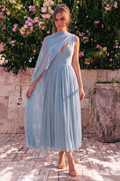 Laden Sie das Bild in den Galerie-Viewer, Blaues A-Linien-Chiffon V-Ausschnitt ärmelloses Midi-Kleid mit Umhang