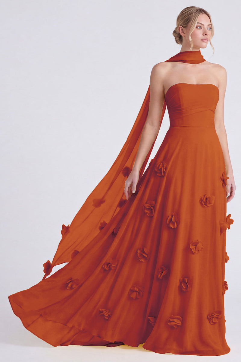 Laden Sie das Bild in den Galerie-Viewer, Narzissen Trägerloses A-Linie Chiffon Langes Brautjungfernkleid mit 3D-Blumen