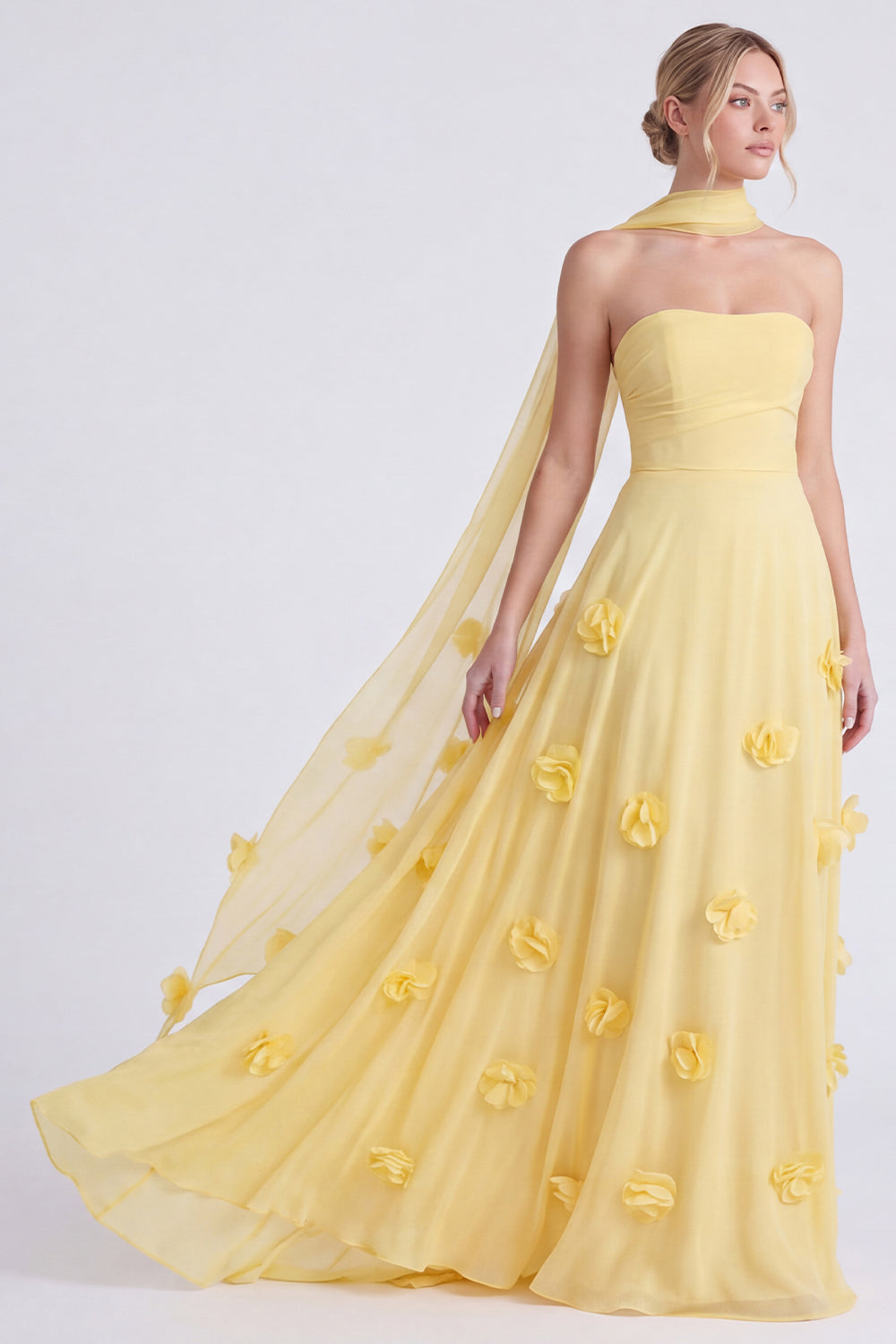 Narzissen Trägerloses A-Linie Chiffon Langes Brautjungfernkleid mit 3D-Blumen