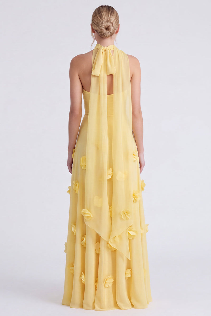 Laden Sie das Bild in den Galerie-Viewer, Narzissen Trägerloses A-Linie Chiffon Langes Brautjungfernkleid mit 3D-Blumen