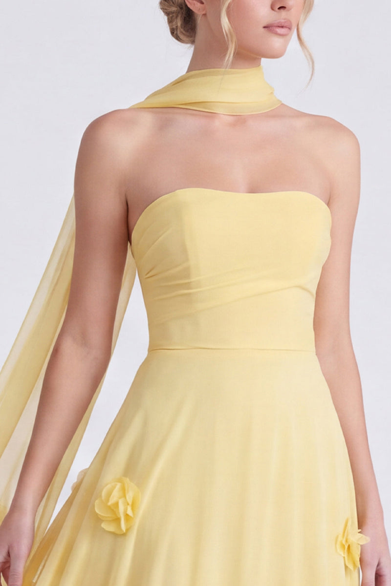 Laden Sie das Bild in den Galerie-Viewer, Narzissen Trägerloses A-Linie Chiffon Langes Brautjungfernkleid mit 3D-Blumen