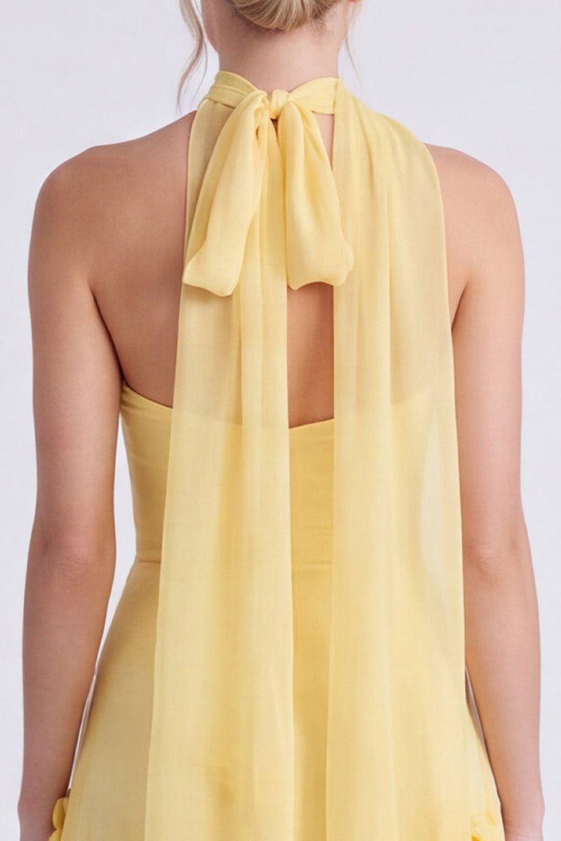Laden Sie das Bild in den Galerie-Viewer, Narzissen Trägerloses A-Linie Chiffon Langes Brautjungfernkleid mit 3D-Blumen