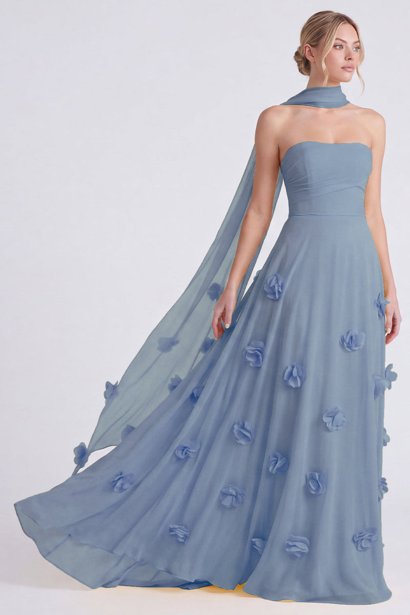 Laden Sie das Bild in den Galerie-Viewer, Narzissen Trägerloses A-Linie Chiffon Langes Brautjungfernkleid mit 3D-Blumen