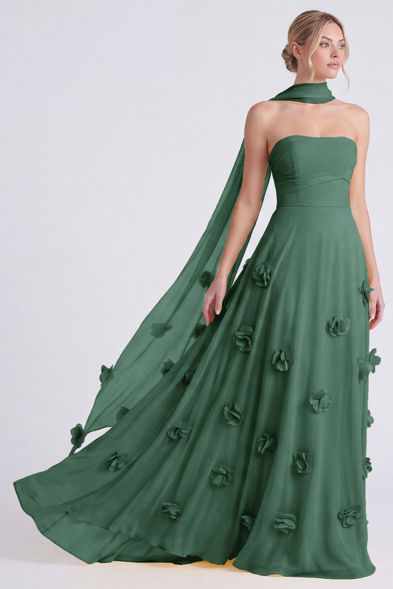 Laden Sie das Bild in den Galerie-Viewer, Narzissen Trägerloses A-Linie Chiffon Langes Brautjungfernkleid mit 3D-Blumen