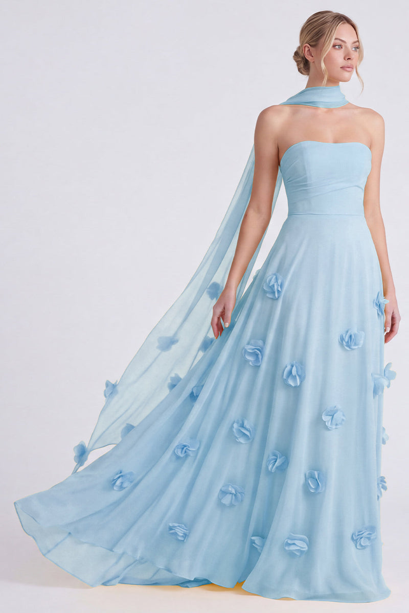 Laden Sie das Bild in den Galerie-Viewer, Narzissen Trägerloses A-Linie Chiffon Langes Brautjungfernkleid mit 3D-Blumen