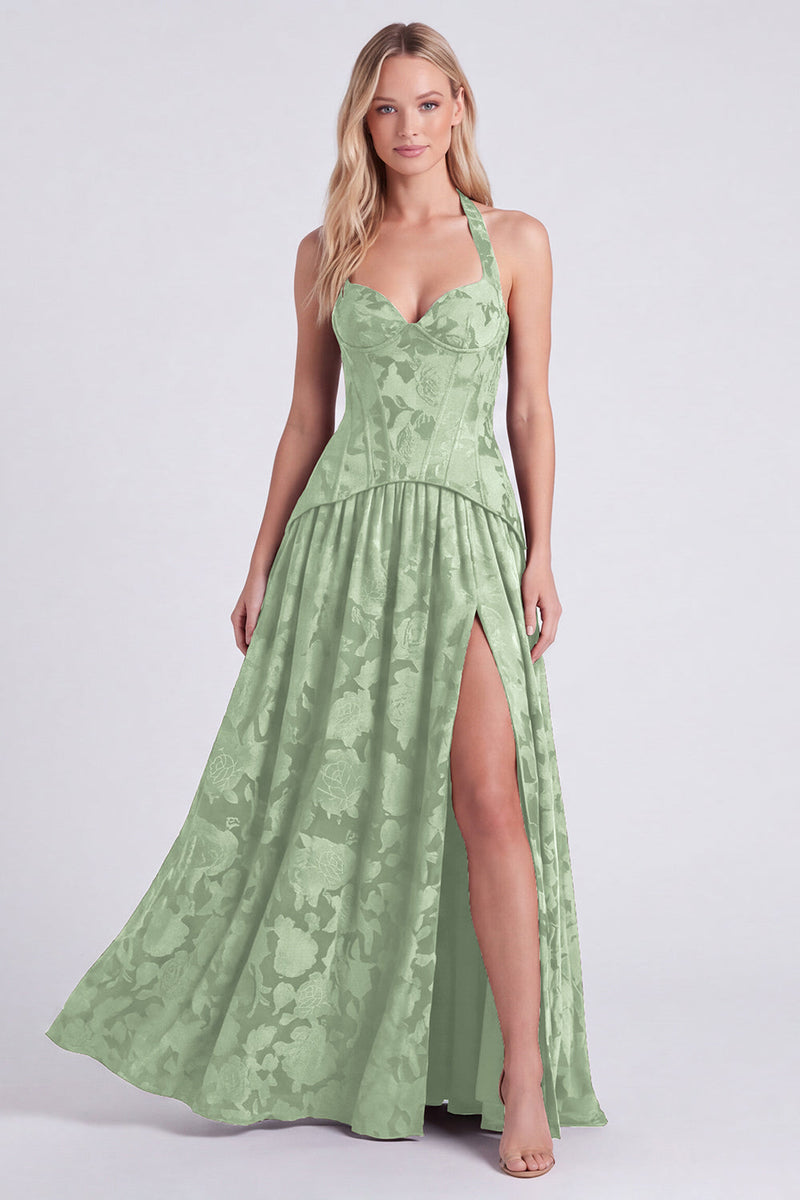 Laden Sie das Bild in den Galerie-Viewer, Neckholderhals Espresso A-Linie Korsett Blumen Schnürung Langes Brautjungfernkleid mit Schlitz