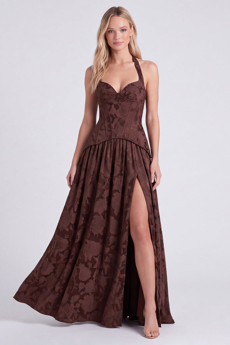 Laden Sie das Bild in den Galerie-Viewer, Neckholderhals Espresso A-Linie Korsett Blumen Schnürung Langes Brautjungfernkleid mit Schlitz