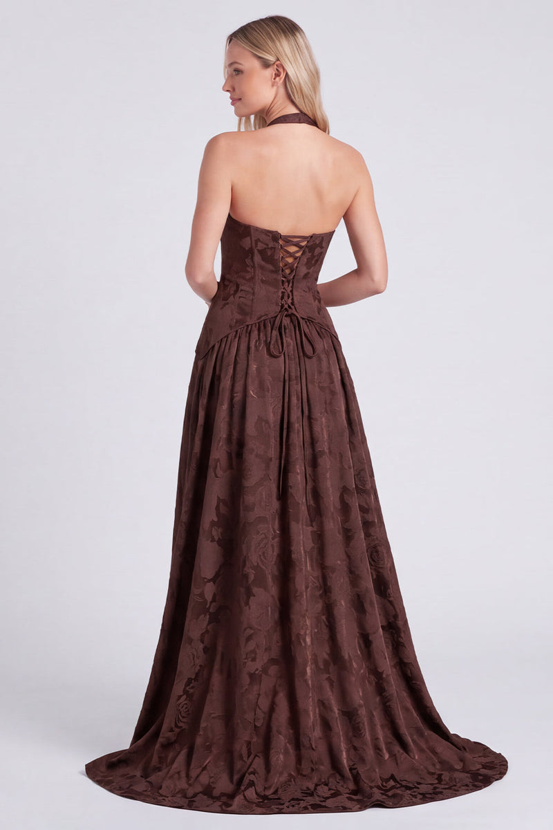 Laden Sie das Bild in den Galerie-Viewer, Neckholderhals Espresso A-Linie Korsett Blumen Schnürung Langes Brautjungfernkleid mit Schlitz