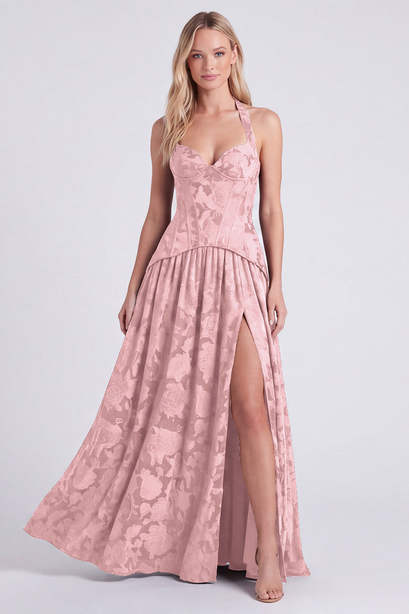Laden Sie das Bild in den Galerie-Viewer, Neckholderhals Espresso A-Linie Korsett Blumen Schnürung Langes Brautjungfernkleid mit Schlitz