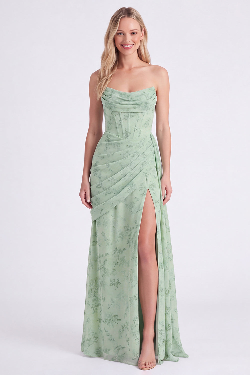 Staubiges Salbei Trägerloses Meerjungfrauen Chiffon Gefaltetes Blumen Langes Brautjungfernkleid mit Schlitz