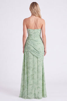 Staubiges Salbei Trägerloses Meerjungfrauen Chiffon Gefaltetes Blumen Langes Brautjungfernkleid mit Schlitz