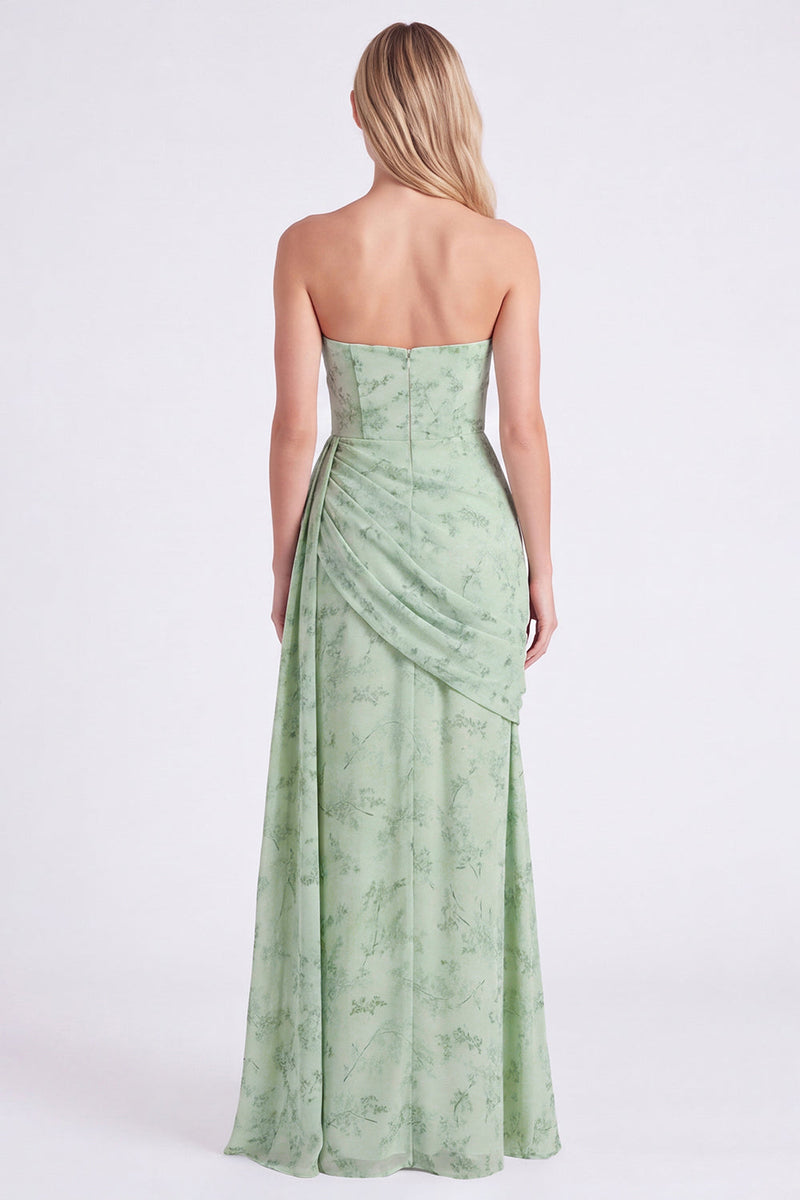 Laden Sie das Bild in den Galerie-Viewer, Staubiges Salbei Trägerloses Meerjungfrauen Chiffon Gefaltetes Blumen Langes Brautjungfernkleid mit Schlitz