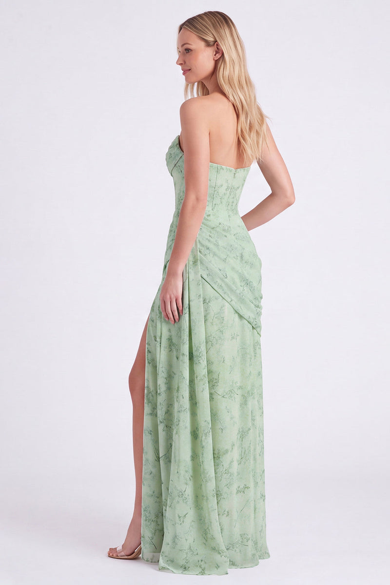 Laden Sie das Bild in den Galerie-Viewer, Staubiges Salbei Trägerloses Meerjungfrauen Chiffon Gefaltetes Blumen Langes Brautjungfernkleid mit Schlitz