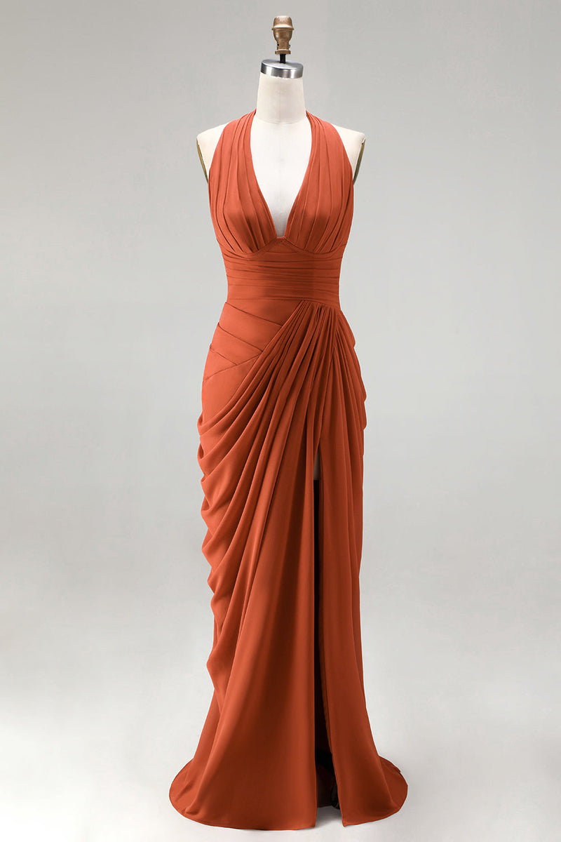 Laden Sie das Bild in den Galerie-Viewer, Burnt Orange Neckholderhals, geraffte Scheide, langes Festkleid