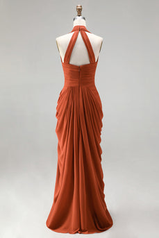Burnt Orange Neckholderhals Geraffte Scheide Langes Festkleid