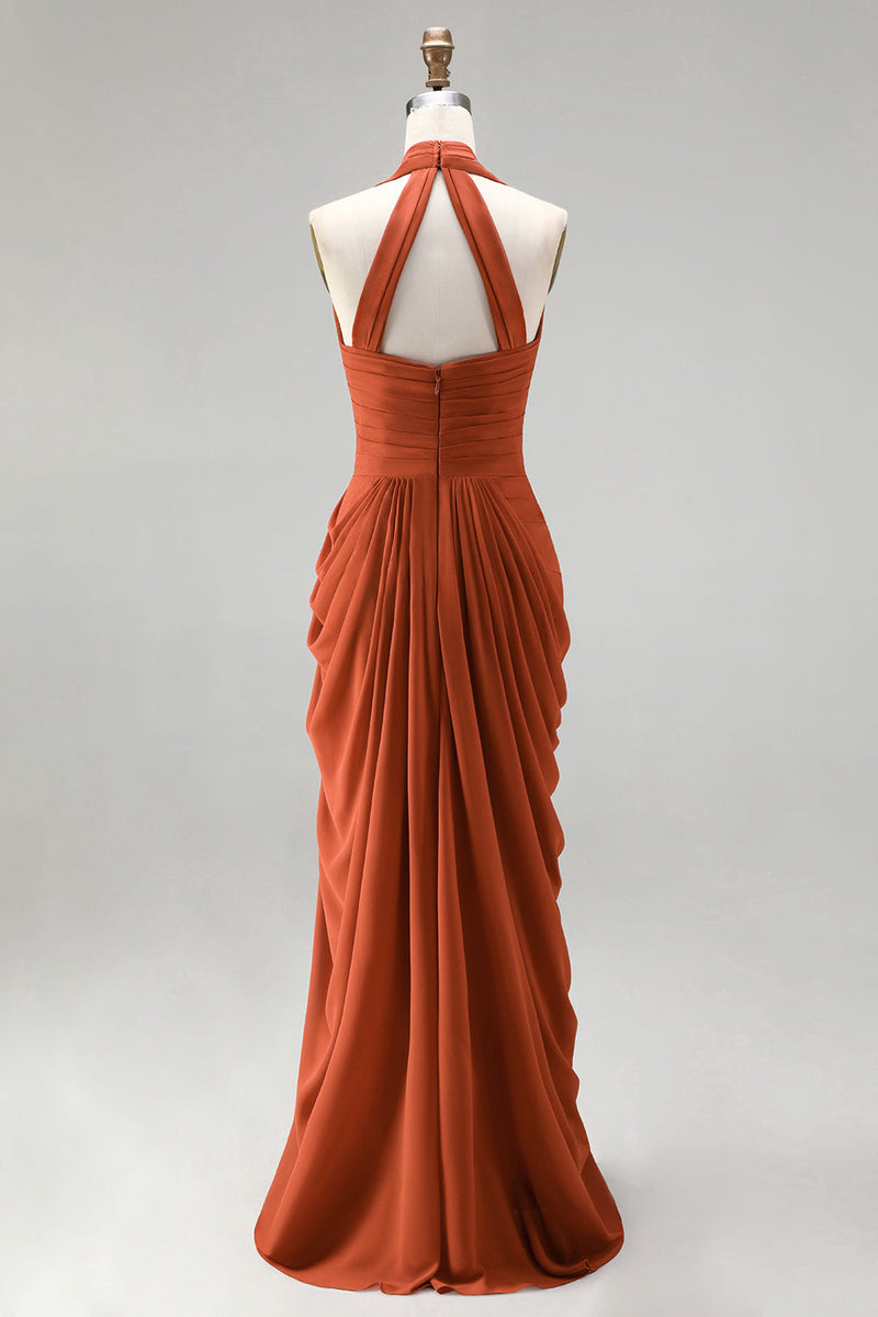 Laden Sie das Bild in den Galerie-Viewer, Burnt Orange Neckholderhals, geraffte Scheide, langes Festkleid