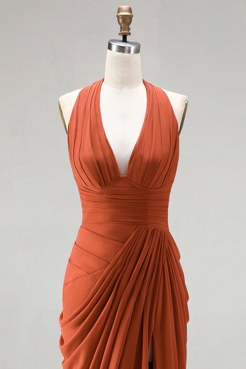 Laden Sie das Bild in den Galerie-Viewer, Burnt Orange Neckholderhals, geraffte Scheide, langes Festkleid