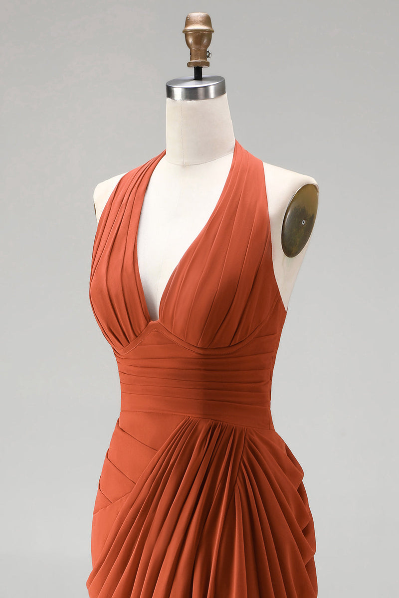 Laden Sie das Bild in den Galerie-Viewer, Burnt Orange Neckholderhals, geraffte Scheide, langes Festkleid