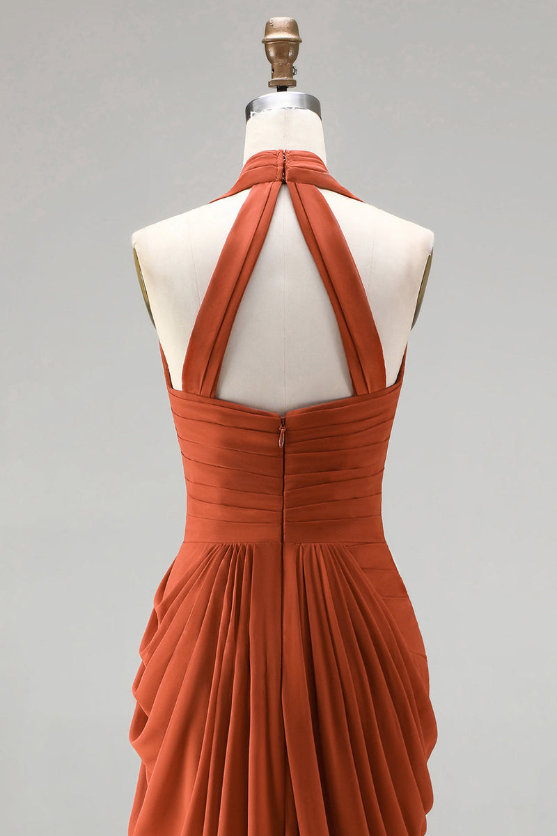 Laden Sie das Bild in den Galerie-Viewer, Burnt Orange Neckholderhals, geraffte Scheide, langes Festkleid