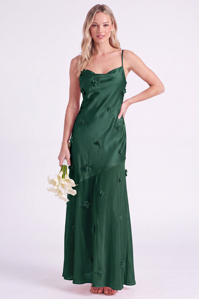 Laden Sie das Bild in den Galerie-Viewer, Rosa Satin-Spaghettiträger mit Scheide und langem Brautjungfernkleid mit 3D-Blumen
