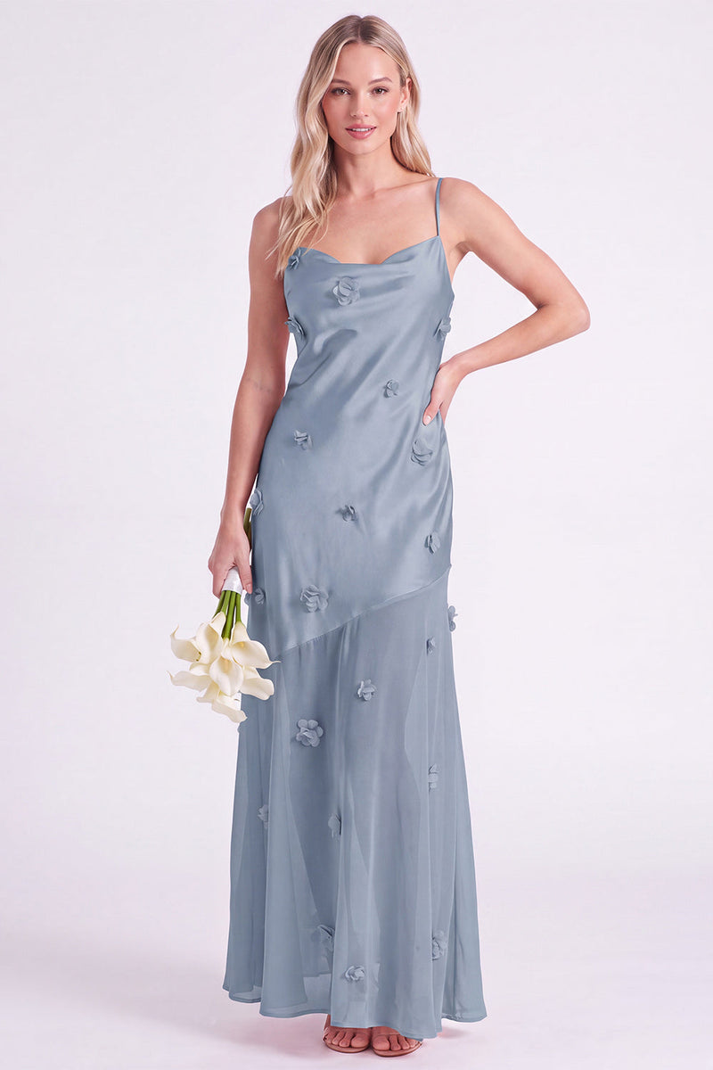 Laden Sie das Bild in den Galerie-Viewer, Rosa Satin-Spaghettiträger mit Scheide und langem Brautjungfernkleid mit 3D-Blumen