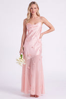 Laden Sie das Bild in den Galerie-Viewer, Rosa Satin-Spaghettiträger mit Scheide und langem Brautjungfernkleid mit 3D-Blumen