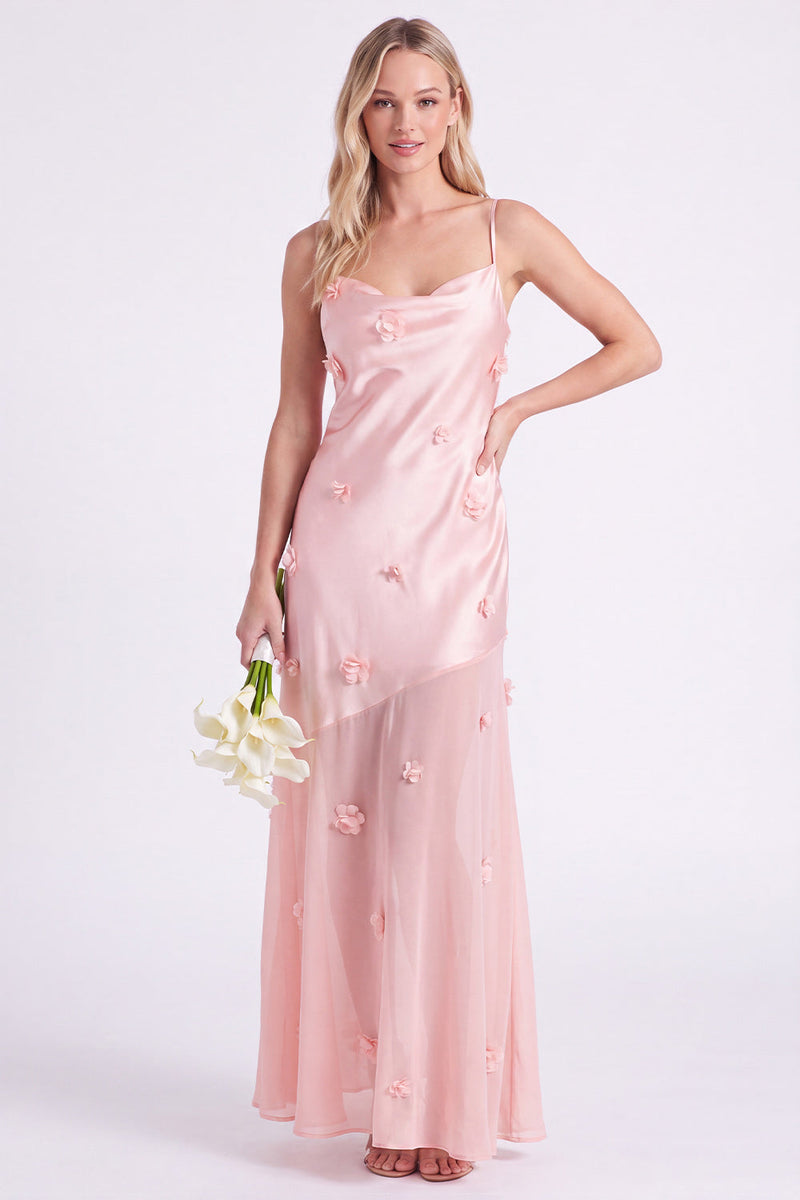 Laden Sie das Bild in den Galerie-Viewer, Rosa Satin-Spaghettiträger mit Scheide und langem Brautjungfernkleid mit 3D-Blumen