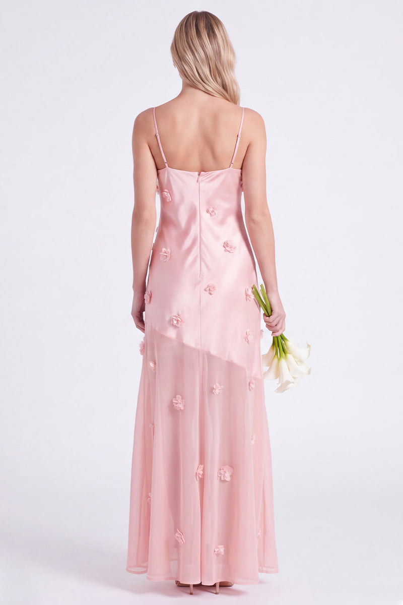 Laden Sie das Bild in den Galerie-Viewer, Rosa Satin-Spaghettiträger mit Scheide und langem Brautjungfernkleid mit 3D-Blumen