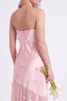 Laden Sie das Bild in den Galerie-Viewer, Rosa Satin-Spaghettiträger mit Scheide und langem Brautjungfernkleid mit 3D-Blumen