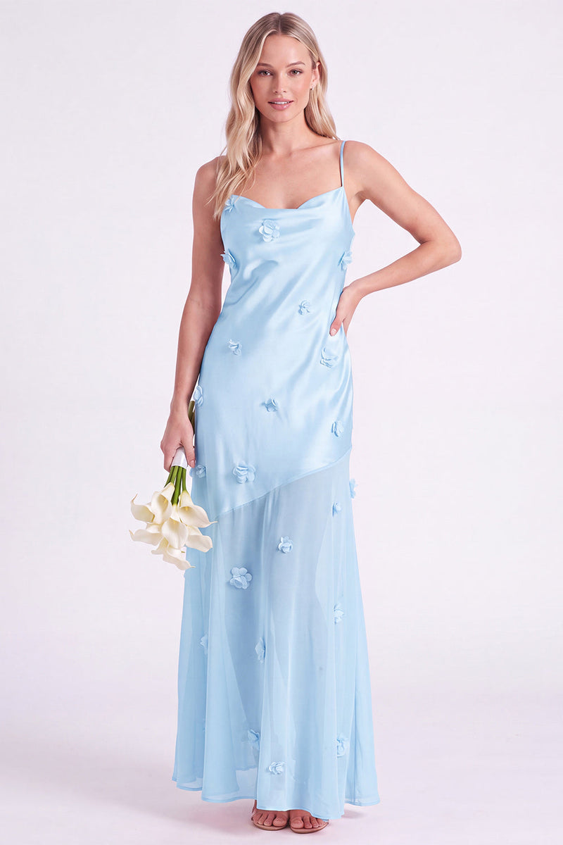 Laden Sie das Bild in den Galerie-Viewer, Rosa Satin-Spaghettiträger mit Scheide und langem Brautjungfernkleid mit 3D-Blumen