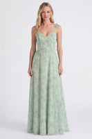Laden Sie das Bild in den Galerie-Viewer, A-Line Salbei-Chiffon-Blumenträger mit Spaghetti-Trägern und langem Brautjungfernkleid