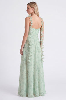 A-Linie Salbei Chiffon Blumenträger Langes Brautjungfernkleid mit Spaghetti-Trägern