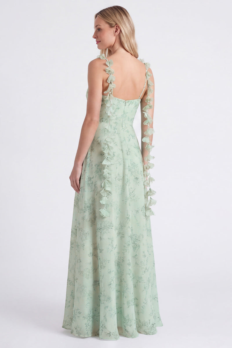 Laden Sie das Bild in den Galerie-Viewer, A-Line Salbei-Chiffon-Blumenträger mit Spaghetti-Trägern und langem Brautjungfernkleid