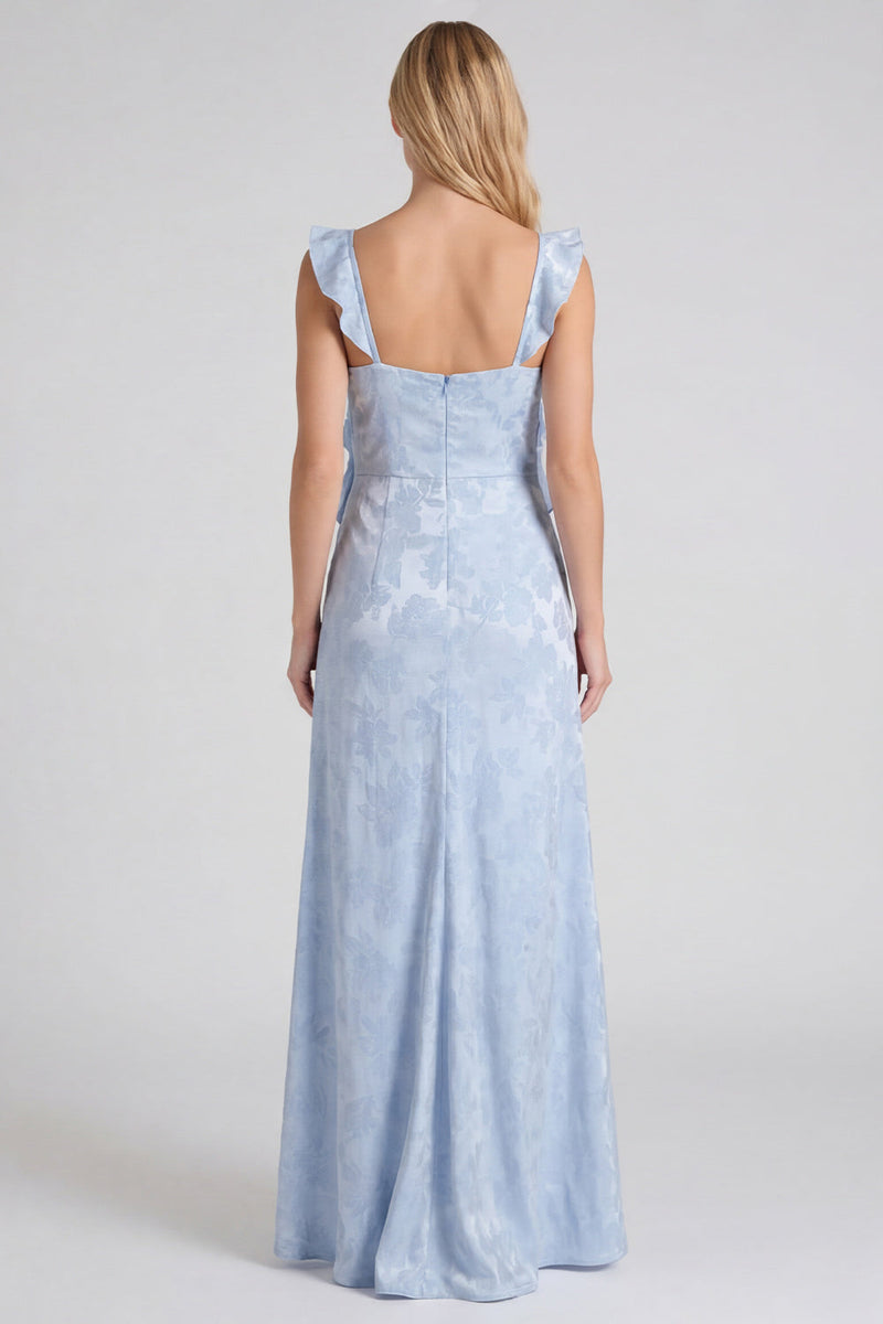 Laden Sie das Bild in den Galerie-Viewer, Florales Jacquard-Rüschenträger Langes Brautjungfernkleid mit Schlitz