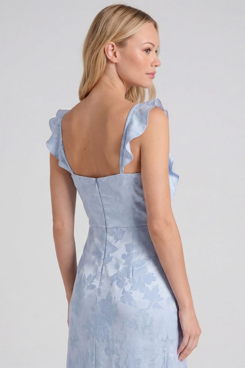 Laden Sie das Bild in den Galerie-Viewer, Florales Jacquard-Rüschenträger Langes Brautjungfernkleid mit Schlitz