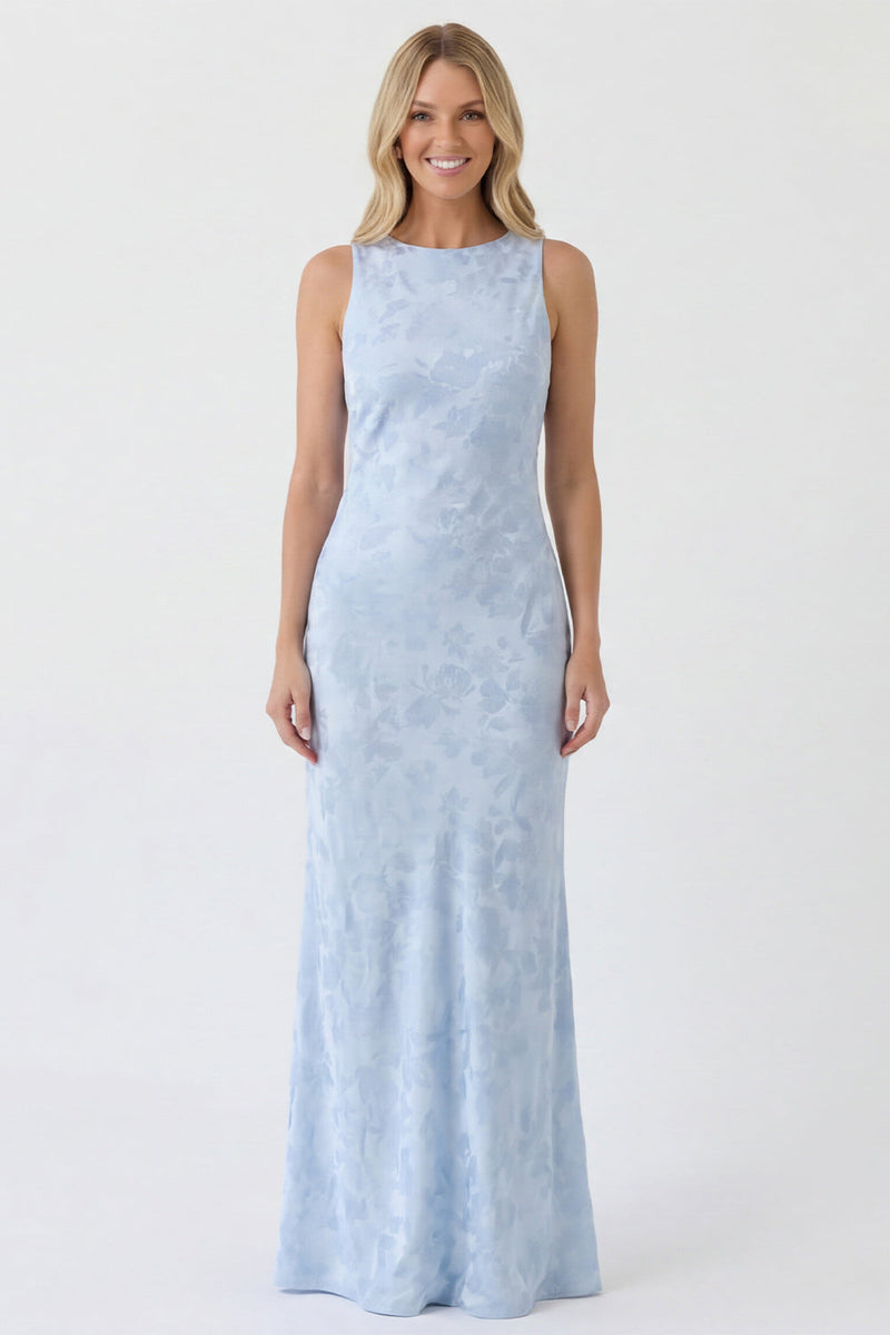 Laden Sie das Bild in den Galerie-Viewer, Salbei-Blumen-Bateau-Hals, Meerjungfrauen-Meerjungfrauenkleid ohne Rücken, lange Brautjungfern